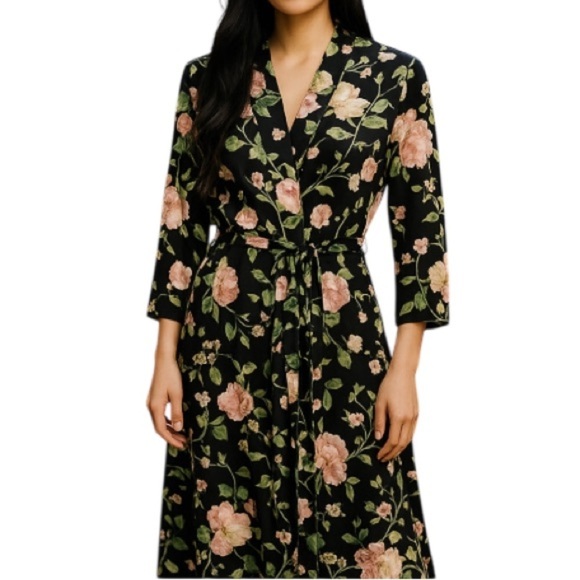 BLEUH CIEL Floral Kimono Style Open Tied Robe Satin Side Slits Size S - Picture 1 of 12